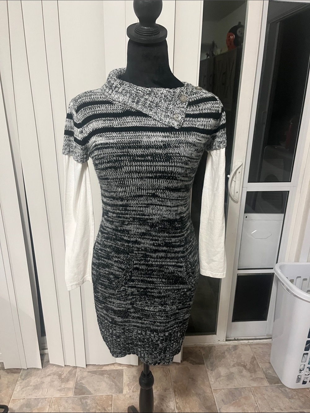 lei Black & White Layered-Look Knit Midi Dress